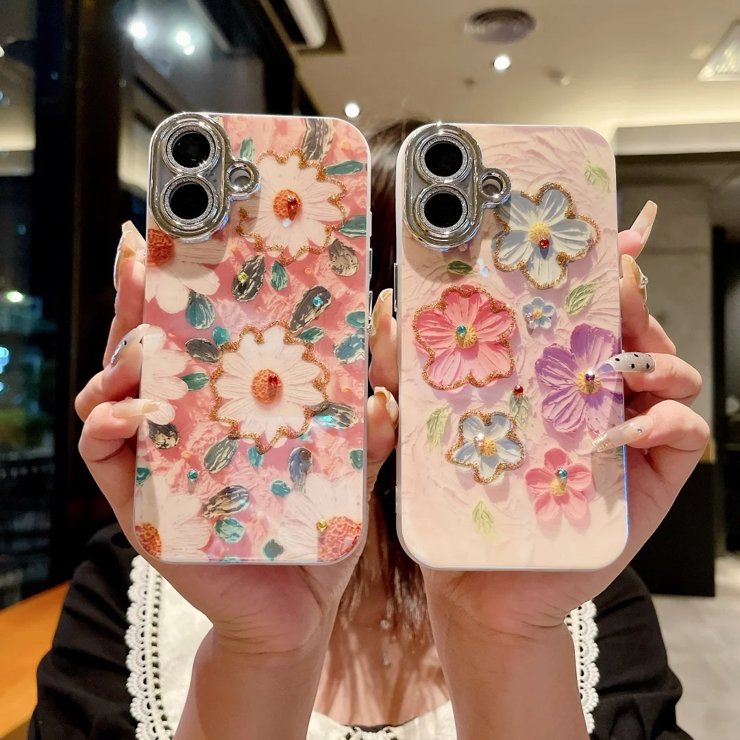 

Oil Painting Flower Phone Case For iPhone 14 ProMax 15 13 12 16 Pro Luxury blue light Shockproof Silicone Cover Artistic Decor