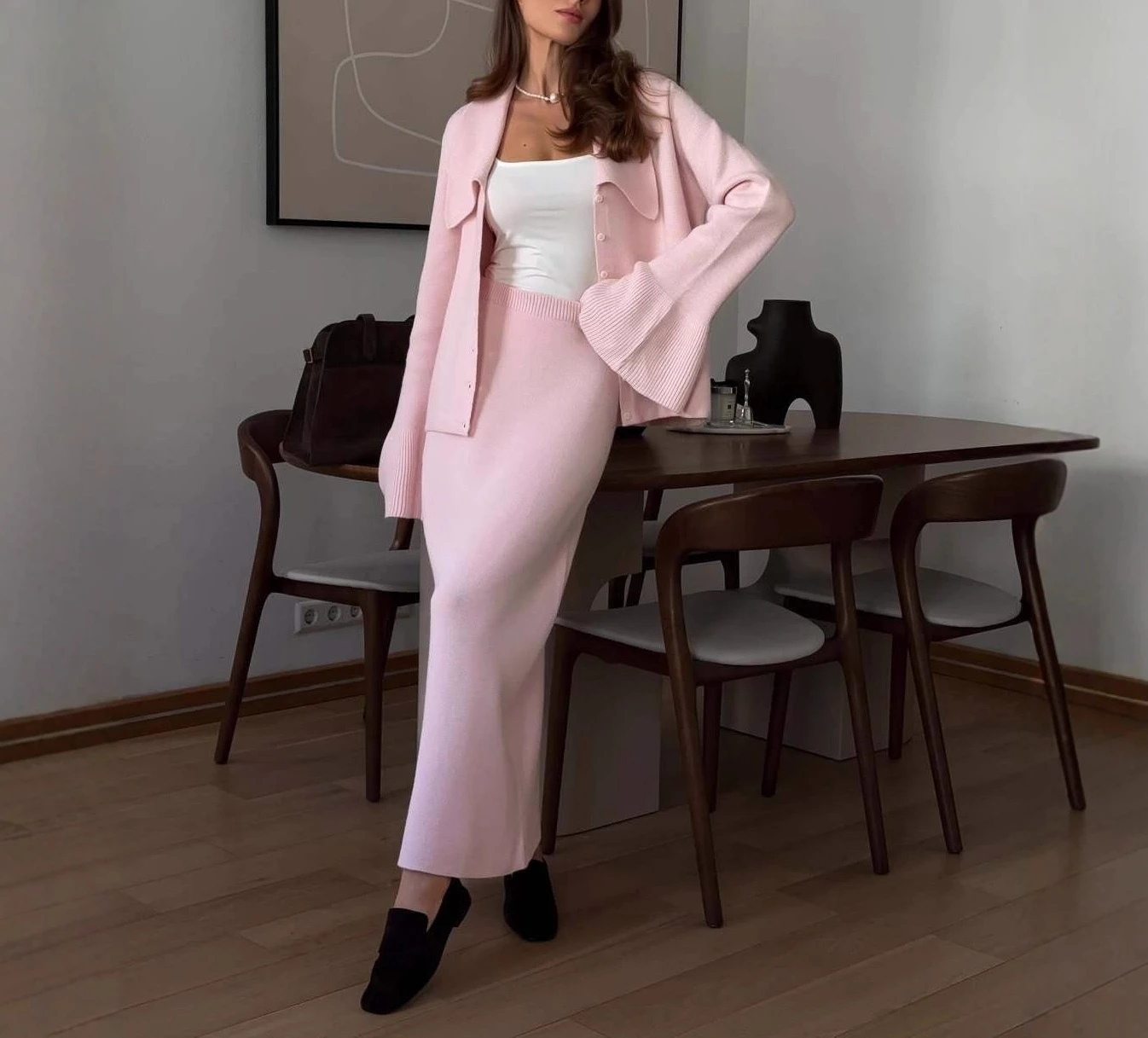 

Women's Autumn Winter Solid Color Lapel Sweater Set - Flared Sleeve Temperament Knitted Polo Cardigan and Skirt Two-piece