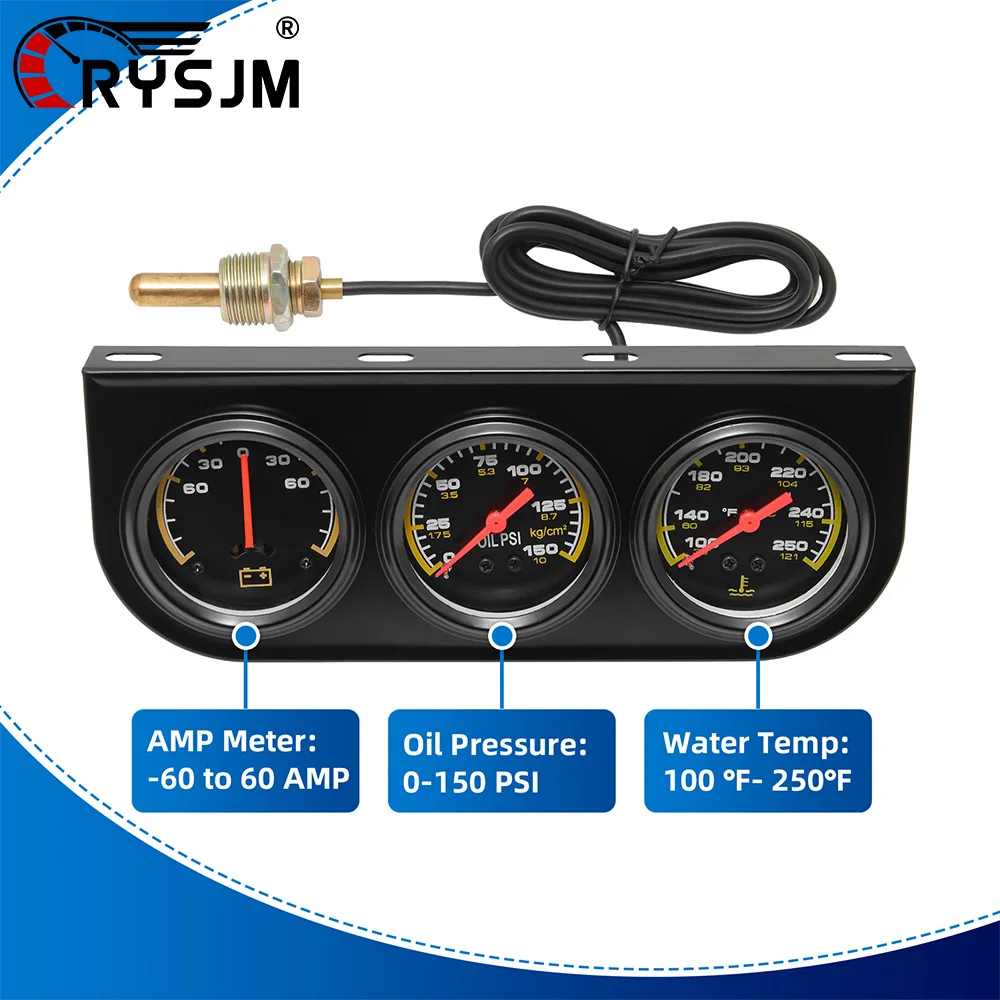 

3 In 1 Oil Pressure Gauge Water Temp Gauge Voltmeter 52MM Car Gauge Kit Car Triple Gauge AMP Meter With Sensor For 12V Vehicle