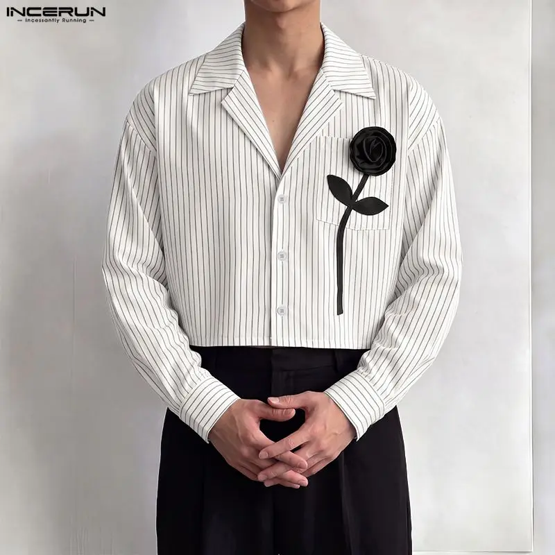 INCERUN Men's Shirt Striped Flower Patchwork Lapel Long Sleeve Men Clothes Streetwear Loose Fashion Casual Crop Tops For Man