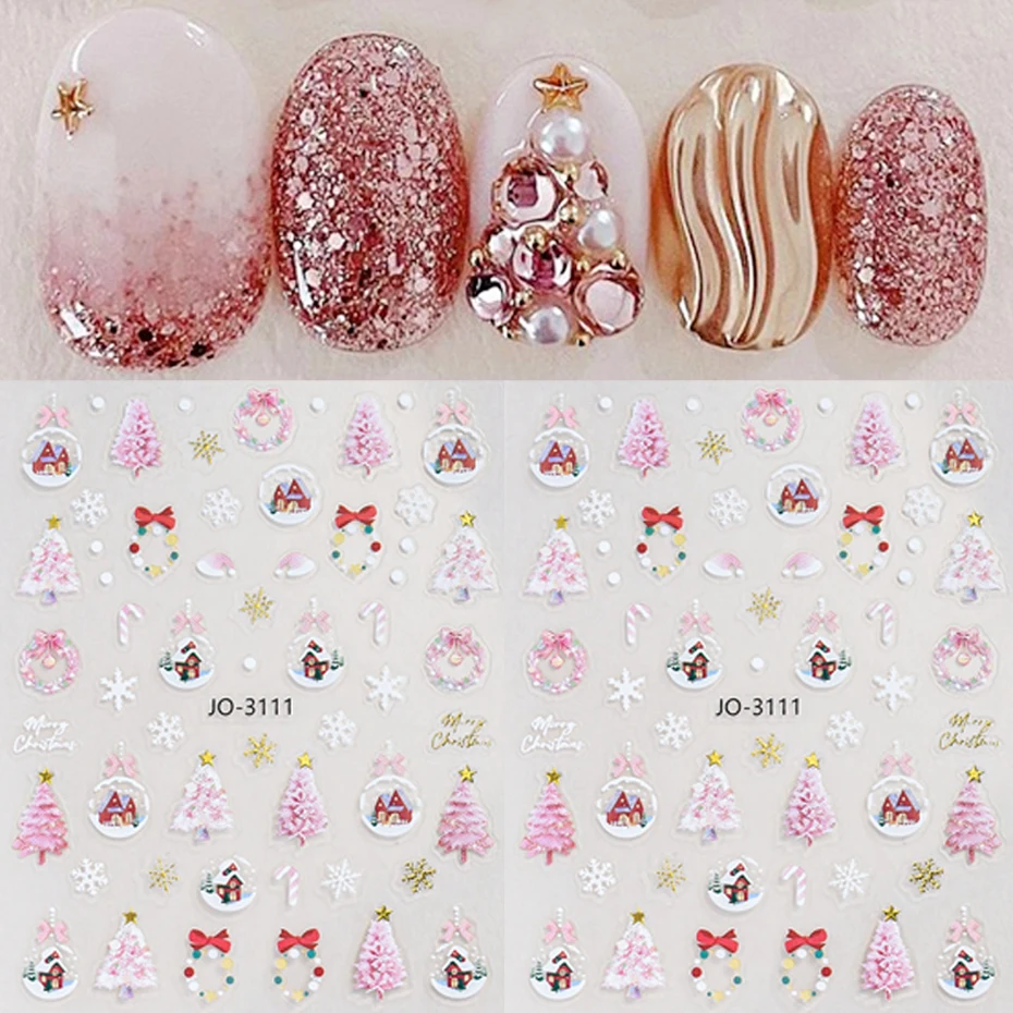 2 pcs Sweet Style Christmas Nail Stickers Kawaii Pink Christmas Trees Wreath Crystal Balls Nail Sliders Winter Xmas Nail Decor