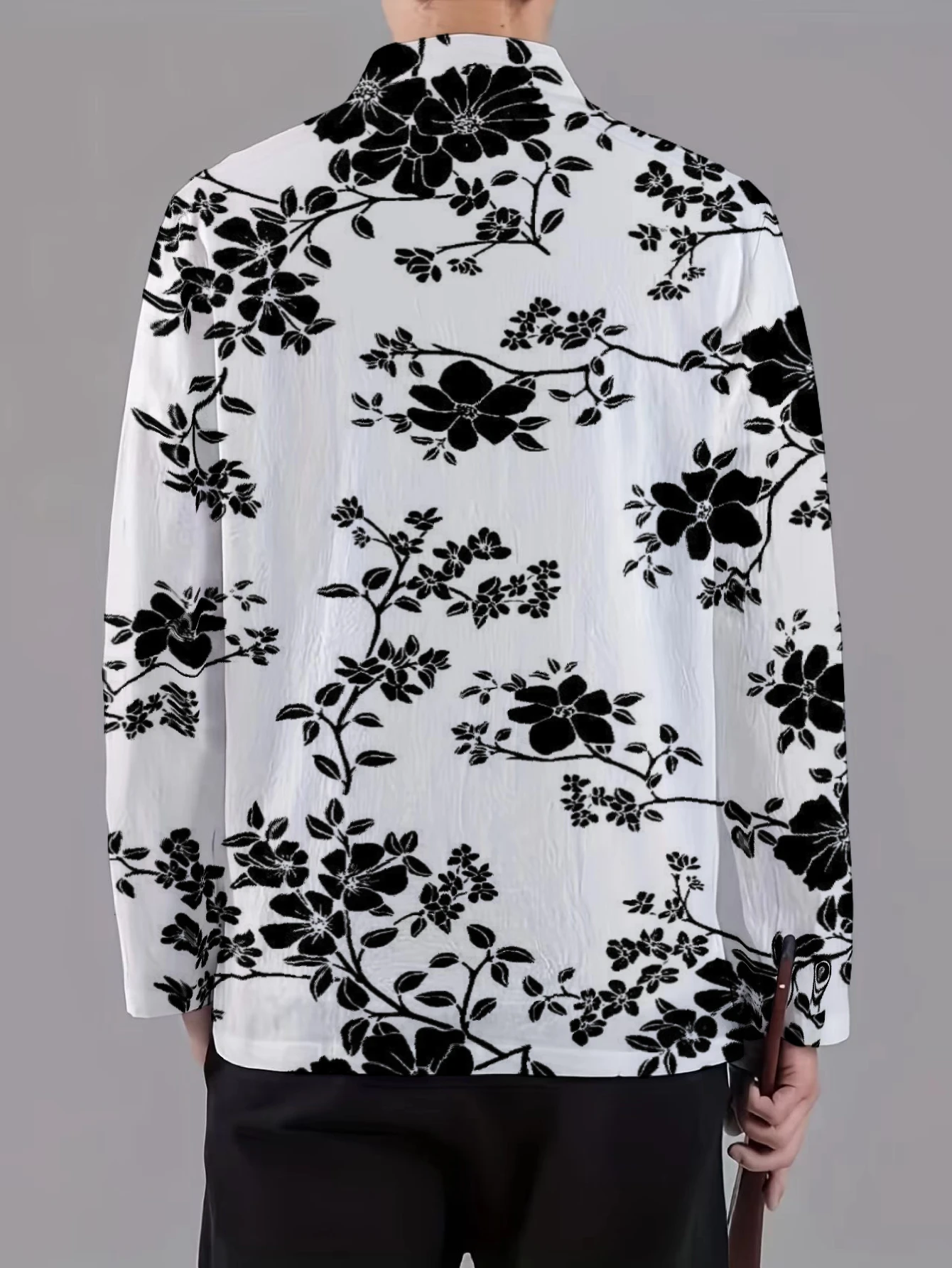 Men Mandarin Collar Frog Button Jacket Skull Floral Vintage Art Print Traditional Outerwear