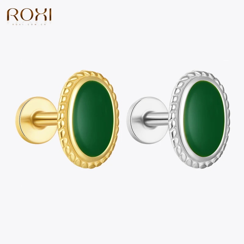 ROXI 925 Sterling Silver Ellipse Shape emerald-green Enamel Piercing Stud Earrings For Women Girl Prevent Allergy Jewelry Gift