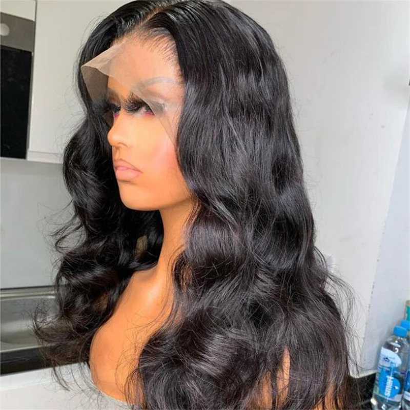 Perruque Lace Front Wig ondulée naturelle noire, 26 pouces, cheveux de bébé, pre-plucked, sans colle, longue et douce, densité 180, à la mode, pour femmes