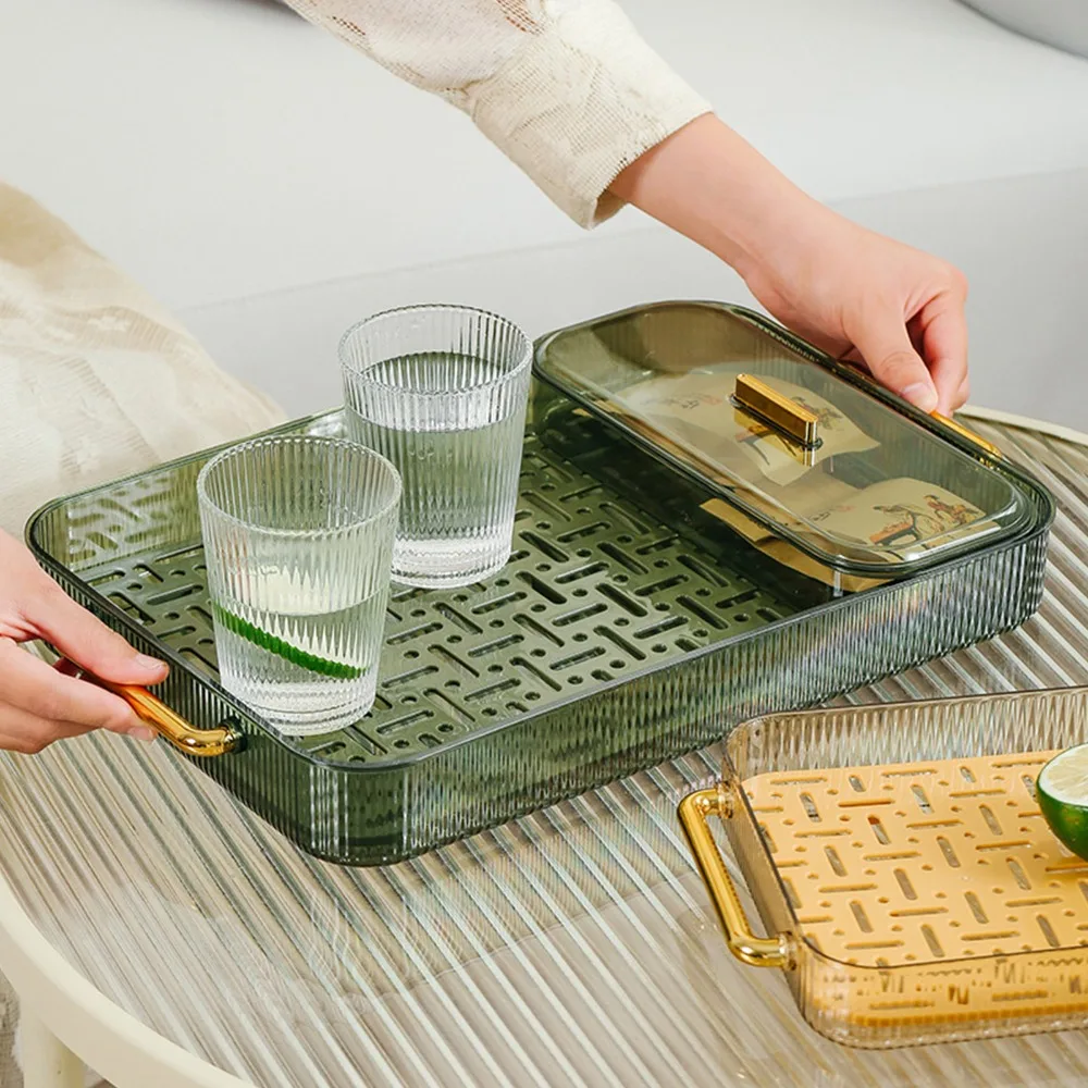 Double Layer Design Water Drainage Tea Tray Dark Green Color With Handles Tea Serving Tray Drain Tray Included Plastic Material