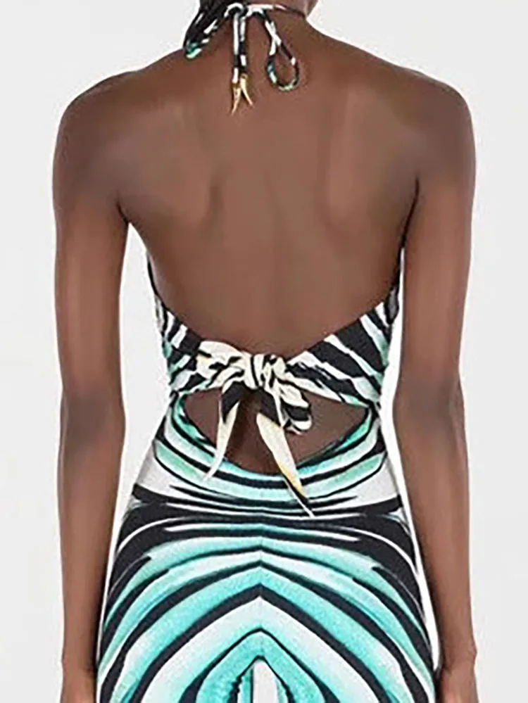 

Sexy Halter Lace-Up Sleeveless Flared Jumpsuit Elegant Pattern Print Slim Party Romper Fashion Backless Hollow Out Long Playsuit