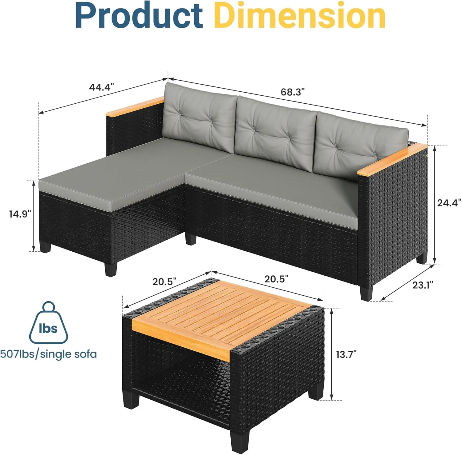 [New Arrival!]3-Piece Outdoor Patio Furniture Set, All-Weather PE Rattan Patio Sofa with Storage Table, L Shaped Outdoor Couch w