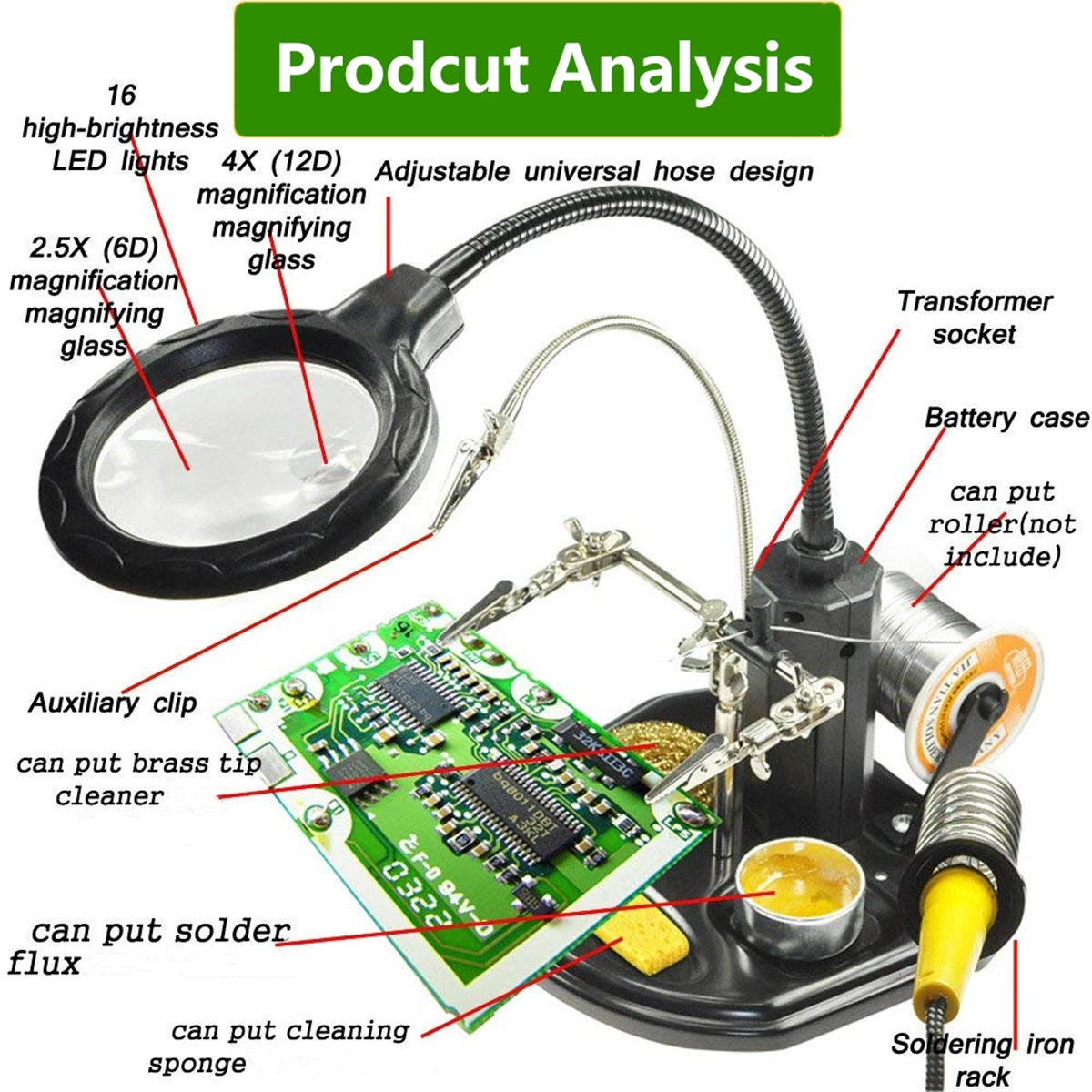 FEITA Helping Hands Soldering Magnifier Station LED Lighted 2.5X/4X Magnifying Glass Heavy Base with Stand Clamps For Soldering