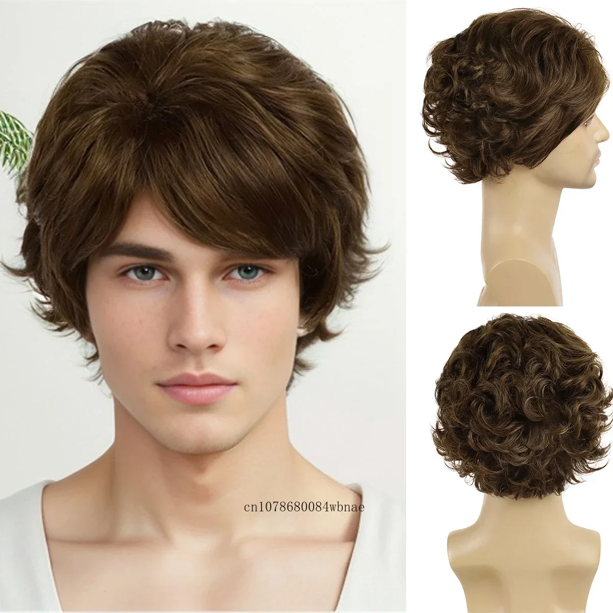 Perucas curtas marrons cabelo sintético natural fofo em camadas encaracolado peruca com franja para homens masculino halloween cosplay traje uso diário