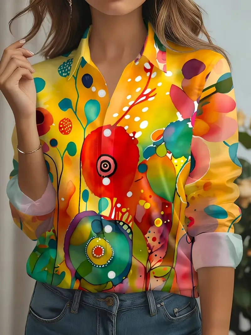 Autumn New Women's Shirts Color Gradient Geometry Print Blouse Single Breasted Long Sleeve Office Ladies Tops Shirt Casual Women