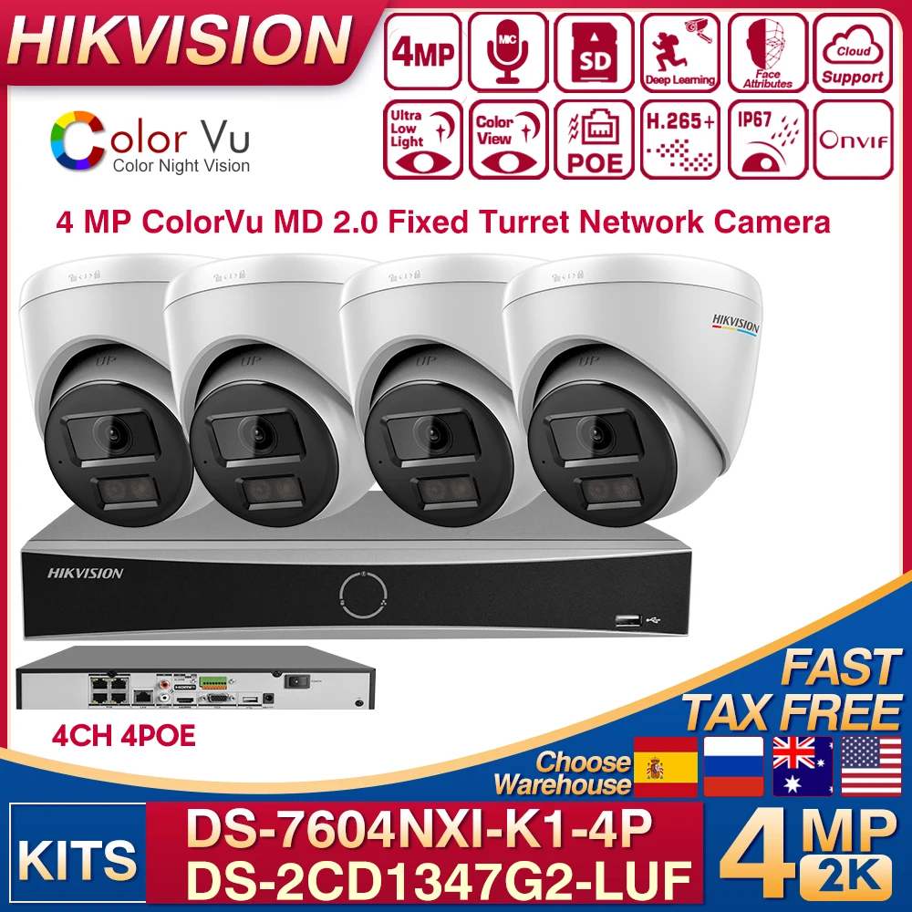 Hikvision 4MP DS-2CD1347G2-LUF ColorVu Turret IP Camera Mic SD Card DS-7604NXI-K1-4P 4CH 4POE Network Vedio Recorder KITS