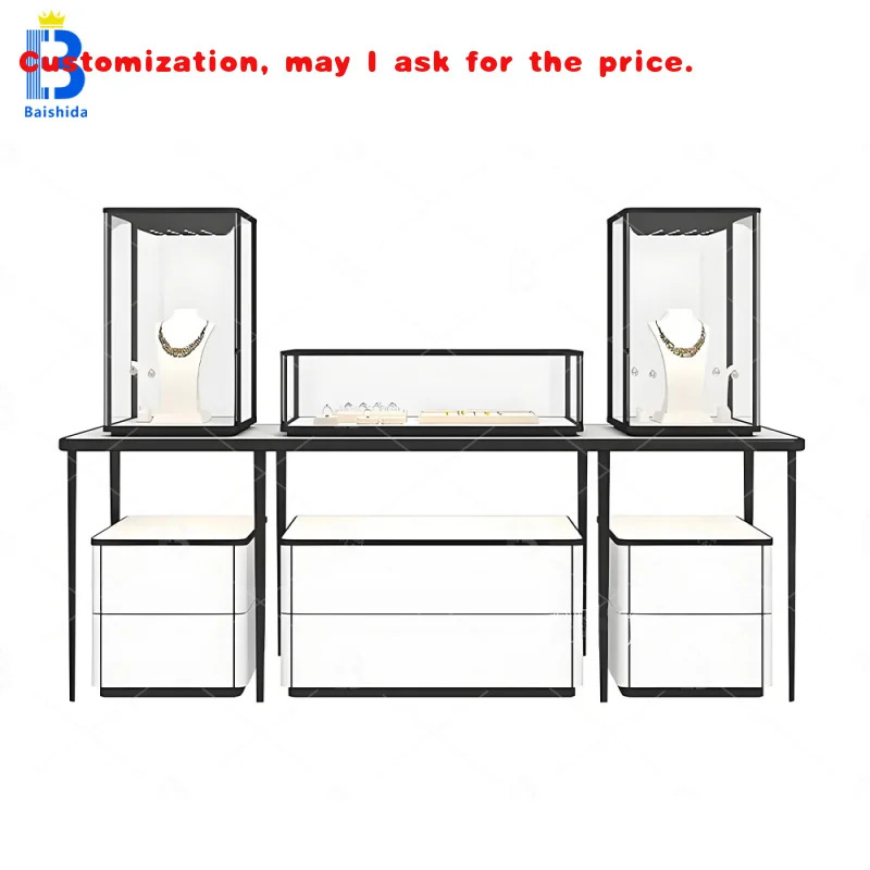 

custom.Modern Luxury Wooden Necklace Mall Kiosk-up Display Stand Jewelry Retail LED Light Glass Showcase Sale