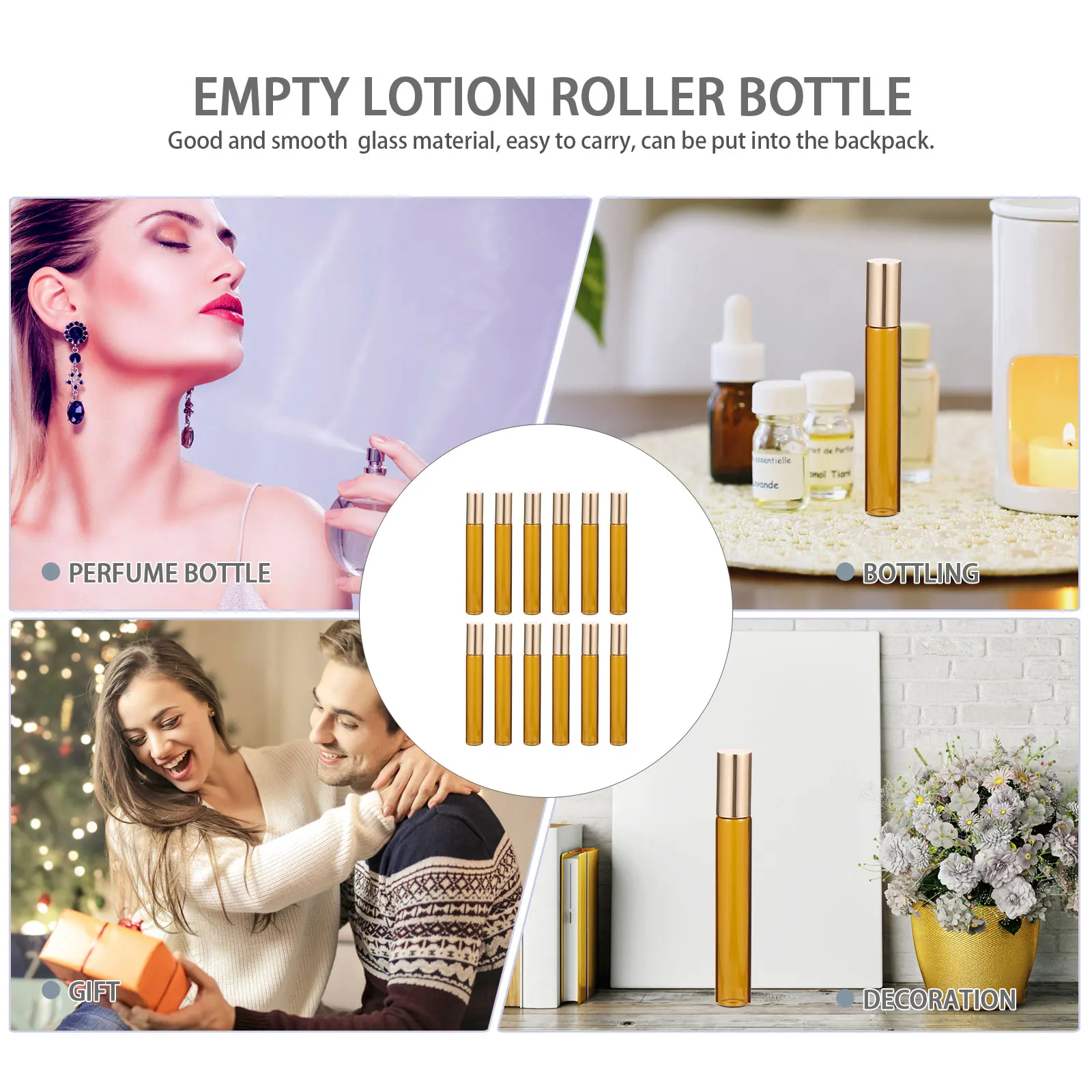 Botella de embalaje de vidrio, botellas Roll-on para aceites, botellas con rodillo de aceite esencial rellenables, dispensador de líquido portátil para viaje, 12 Uds.