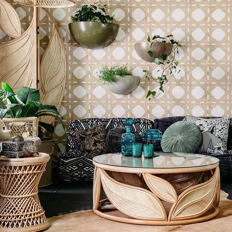 Rattan art coffee table Nordic simple small apartment living room round combination Japanese leaf balcony small round table
