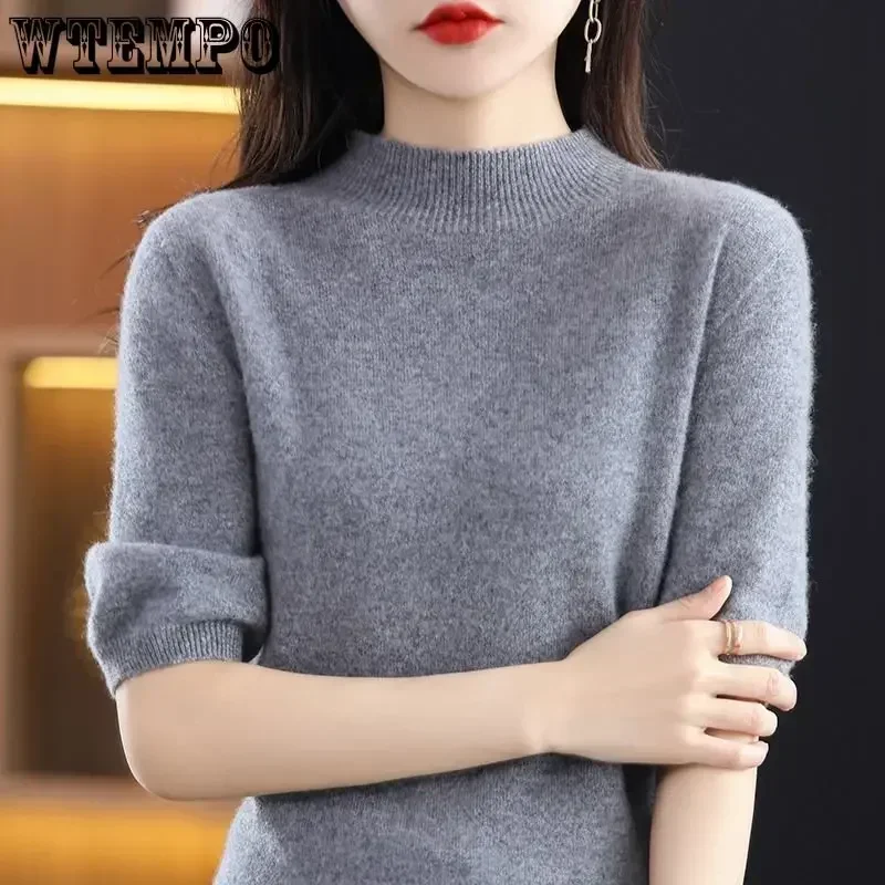 WTEMPO Knitted T-shirt Spring Summer Women\'s Half High Neck Knitwear Pullover Short Sleeve Slim Knit Tops Jumpers Sweater