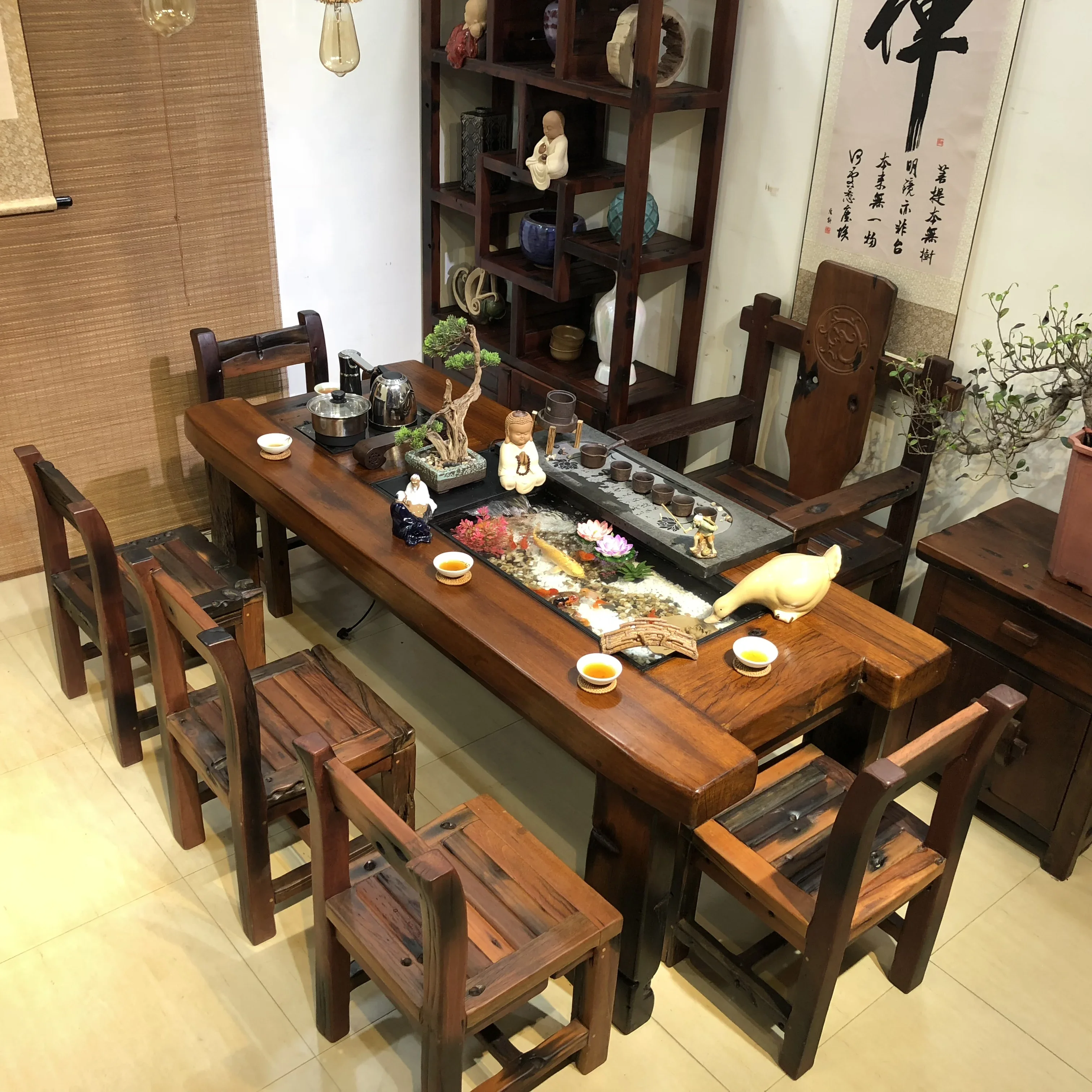 Old Ship Wood Table-Chair Set Tea Table Fish Tank Tea Table Integrated Solid Wood Furniture