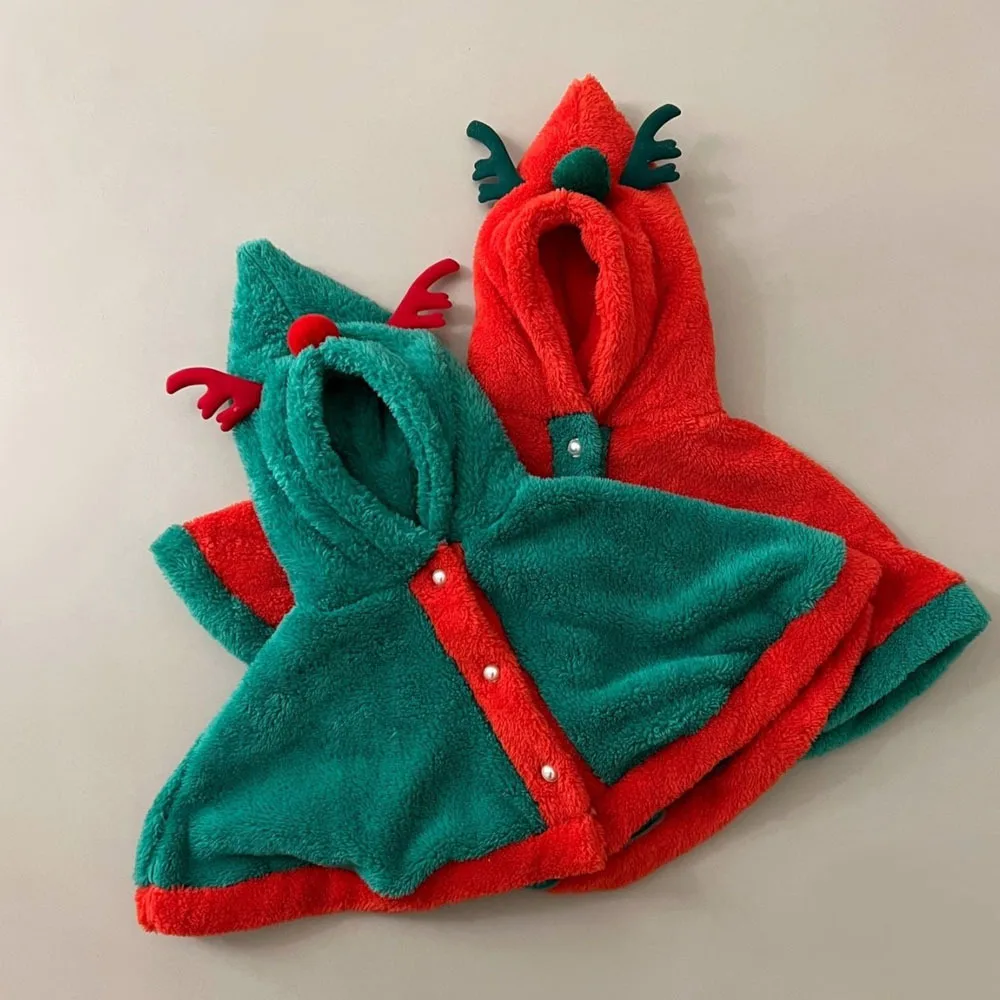 

2025 New Korean Style Baby Christmas Cloak, Warm Fleece Hooded Cape with Reindeer Antlers, Infant Winter Party Outfit Gift