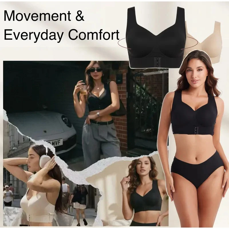 Posture Bra for Women Front Closure Cross Back Wireless Corrector Bras High Quality Support Push Up Bra Skin/Black/Brown S-4XL