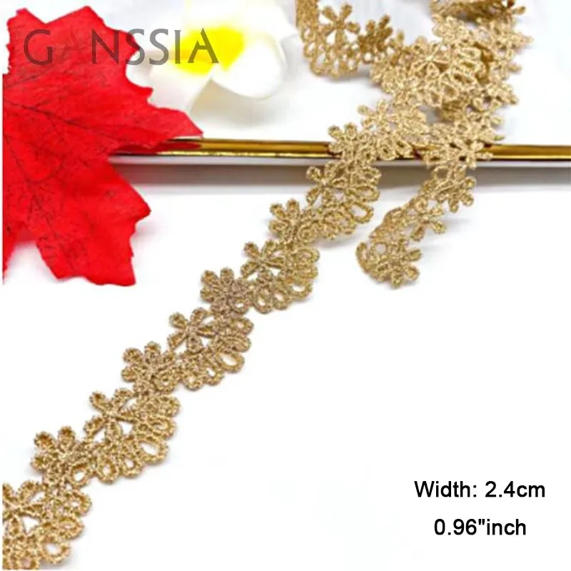 Width:2.4cm(0.94”inch)Gold Line Floret Embroidered Trimming Laces Water Soluble Fabric Lace for Handmade Sewing Kit(KK-647)