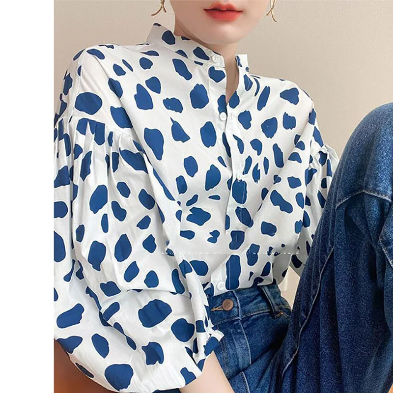 

Fashion Printed Spliced Button Lantern Sleeve Shirt Women's Clothing 2023 Spring New Loose All-match Tops Casual Blouse