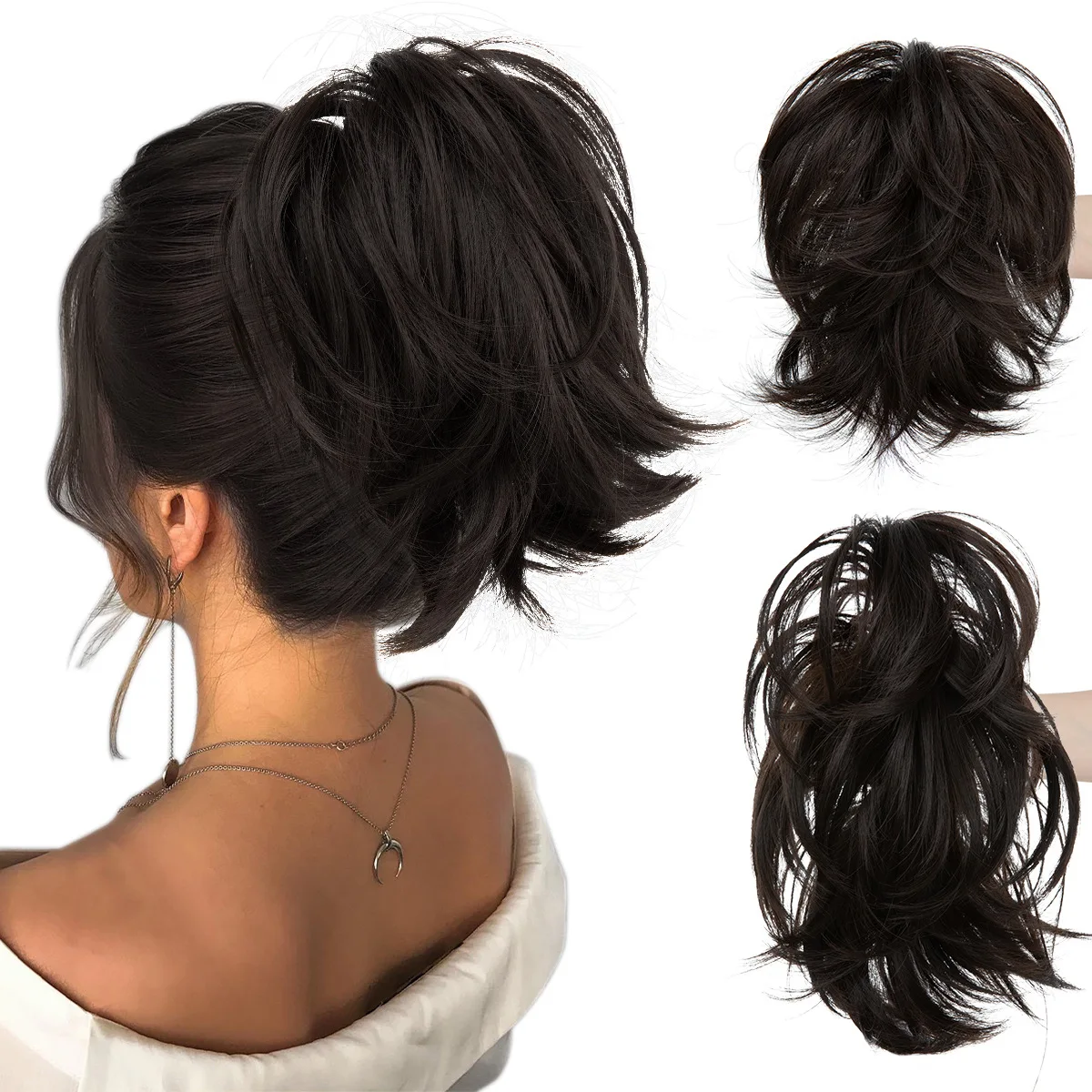 

European American women's short ponytail wig with clip-on curly ponytail, adjustable hair tie, voluminous wig piece daily wear
