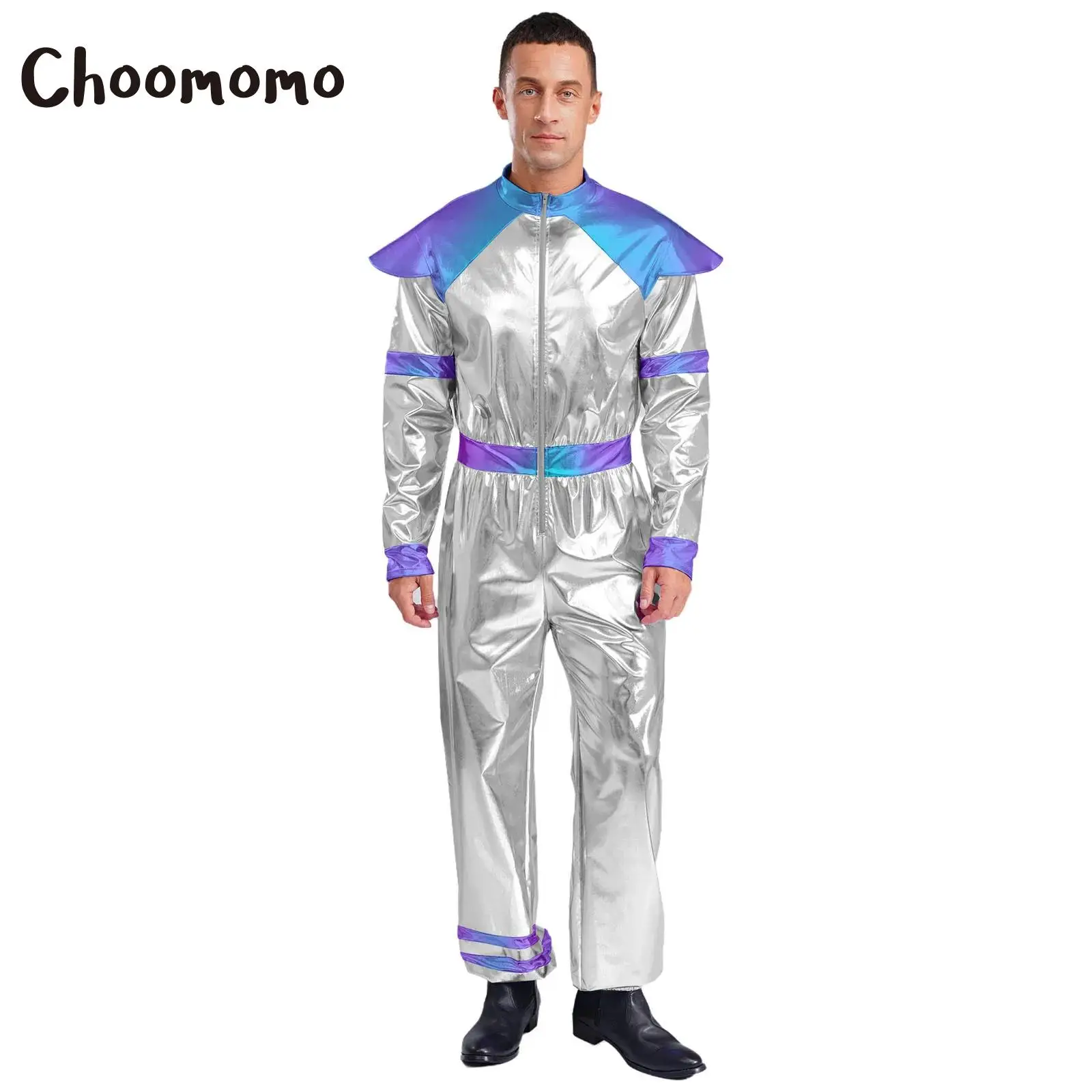 

Mens Outer Space Alien Halloween Robot Cosplay Jumpsuit Costume Long Sleeves Deluxe Shiny Metallic Outfits Carnival Dress Up