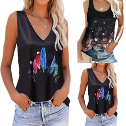 2025 Summer European and American women's printed V-neck sleeveless puller T-shirt