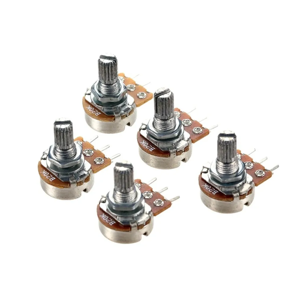 

5 шт. B20K потенциометры для бас-гитары, 3-контактные поворотные линейные конические горшки с разъемным валом