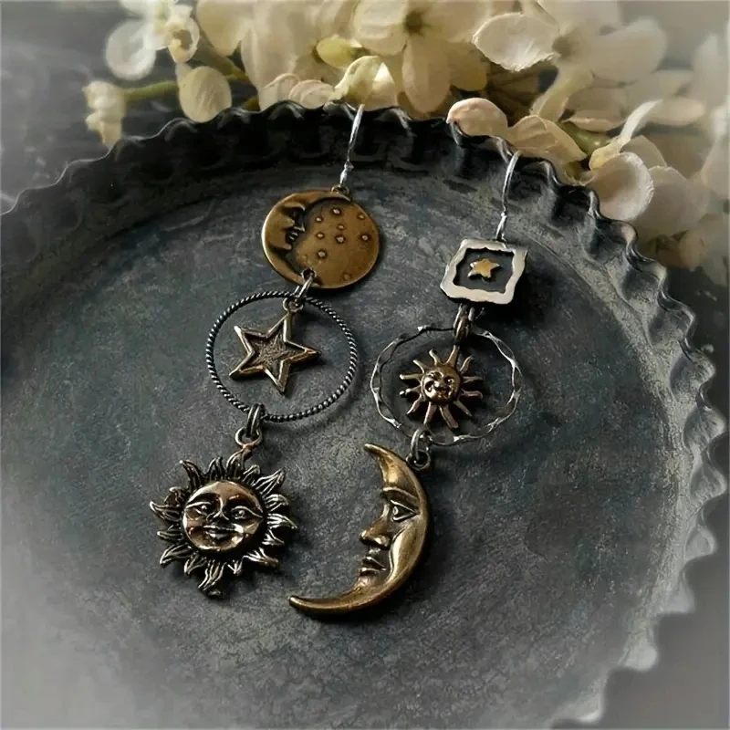 Glamorous Greek Mythology Earrings - Creative Sun Moon Dangle Design - Unique Asymmetric Style for Fashion-Forward Women