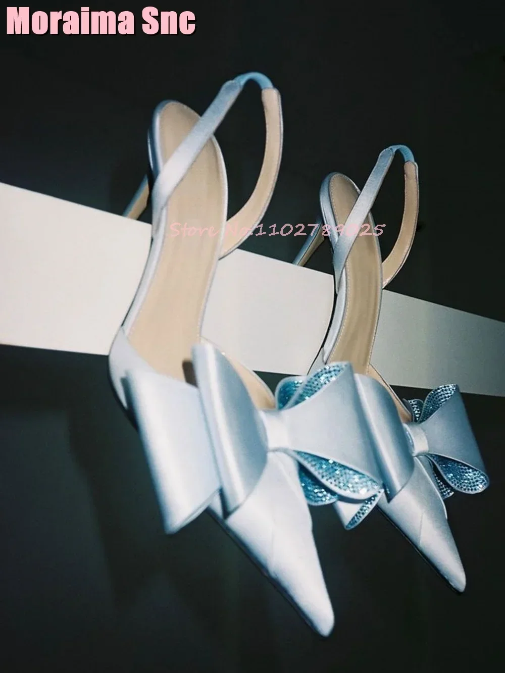 

Пикантные модные атласные сандалии с кристаллами, женские свадебные туфли на высоком каблуке-шпильке с острым носком и узлом-бабочкой для банкета и вечеринки