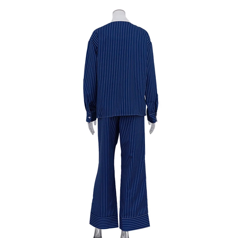 Casual Stripe Print Blue 2 Piece Sets Women Outfit Elegant Long Sleeve Pockets Blouses And High Waist Straight Trousers Sets