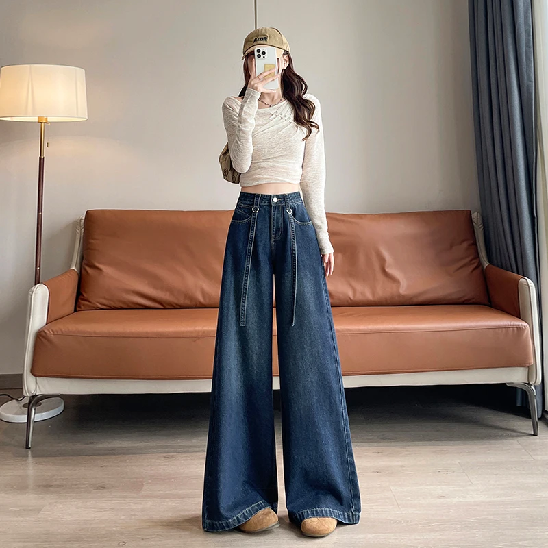 Jeans a gamba larga a vita alta foderati in Fce blu intenso, taglio dritto, vestibilità ampia, pantaloni lunghi fino al pavimento, bootcut casual da donna