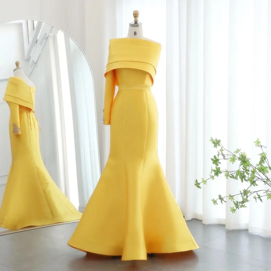 

Luxury Yellow Crystal Beading Evening Dress Long Sleeve Chapel Train Boat Neck Mermaid Luxury Prom Party Women Chic Gown 2024