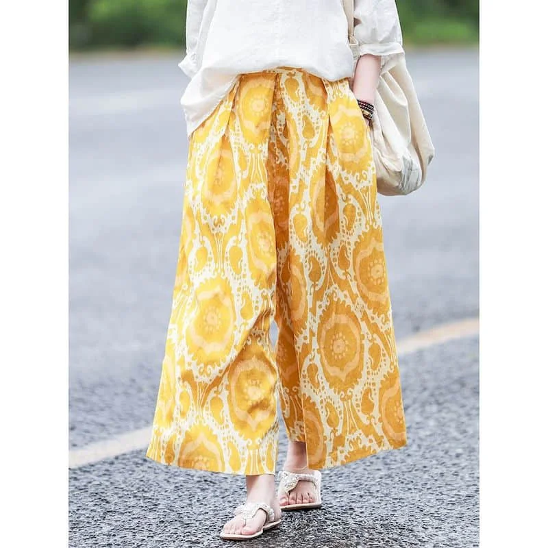 Cotton Linen Pants Women Elastic Waist Round Dot Oversized Wide Leg Pants Casual Loose Baggy Pants Vintage Korean Style Trousers