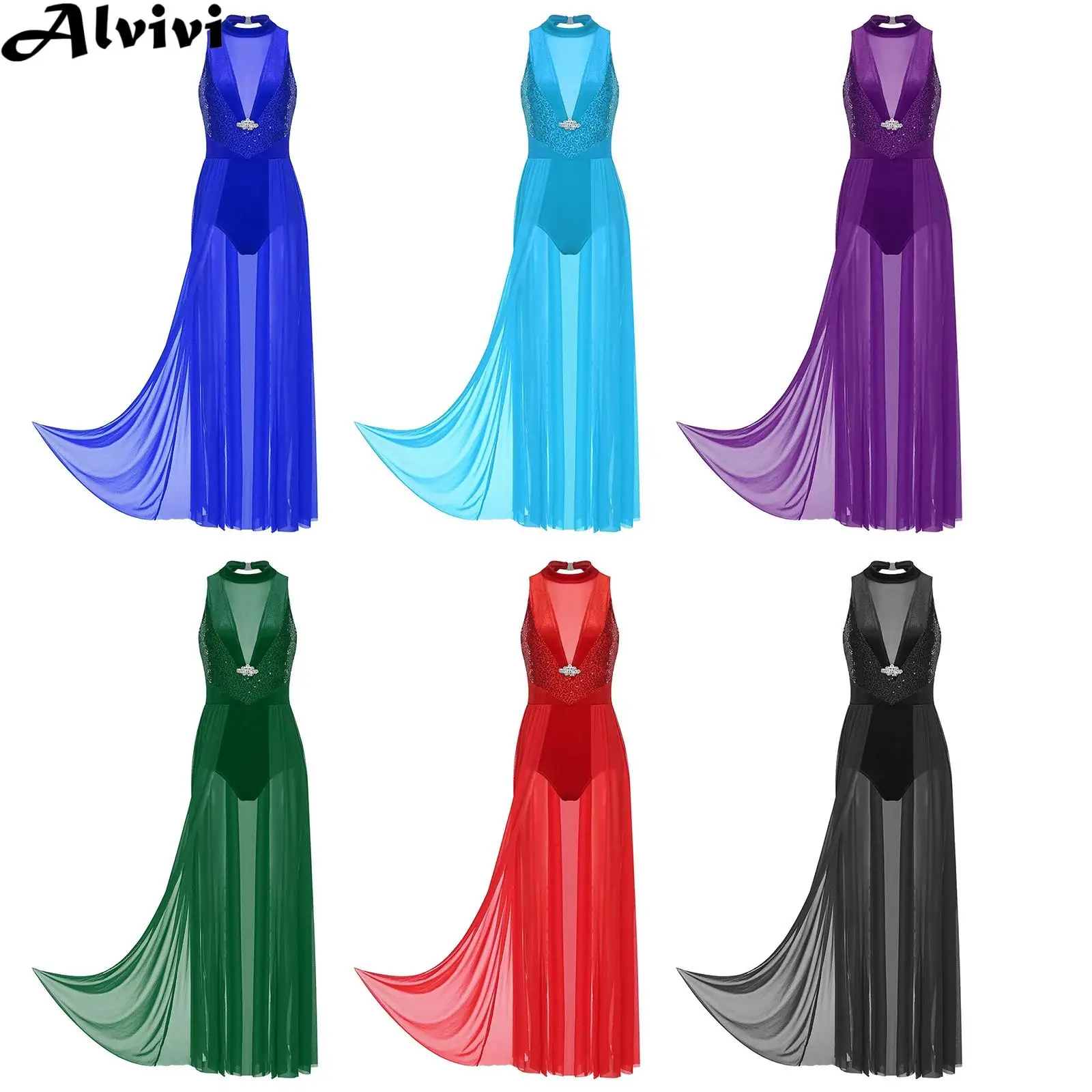 Women Lyrical Dance Dress Modern Dancing Classical Ballet Costume Sequins Sleeveless Shiny Sequins Mesh Maxi Dresses Dancewear