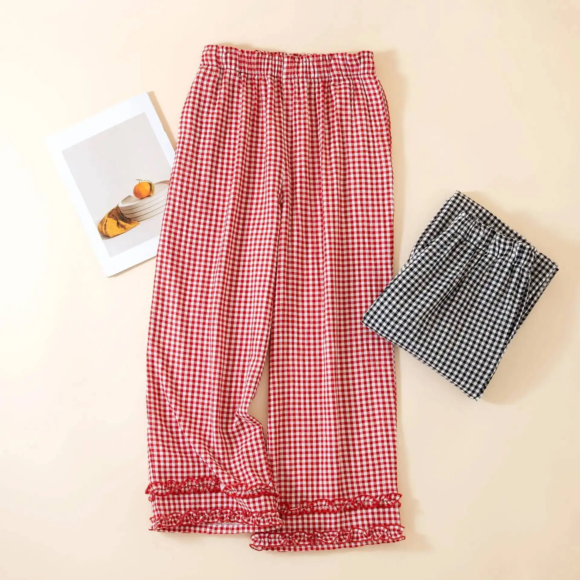 

Красные, черные цвета, простой клетчатый дизайн, длинные хлопковые двухслойные марлевые женские осенние тонкие повседневные домашние брюки для сна