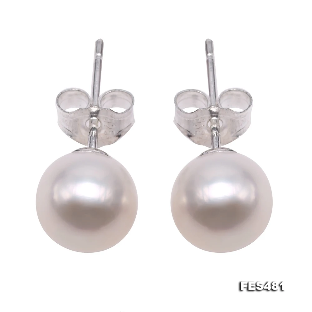 

Unique Pearls Jewellery Exquisite 8mm Flat Round White Freshwater Pearl Stud Earrings