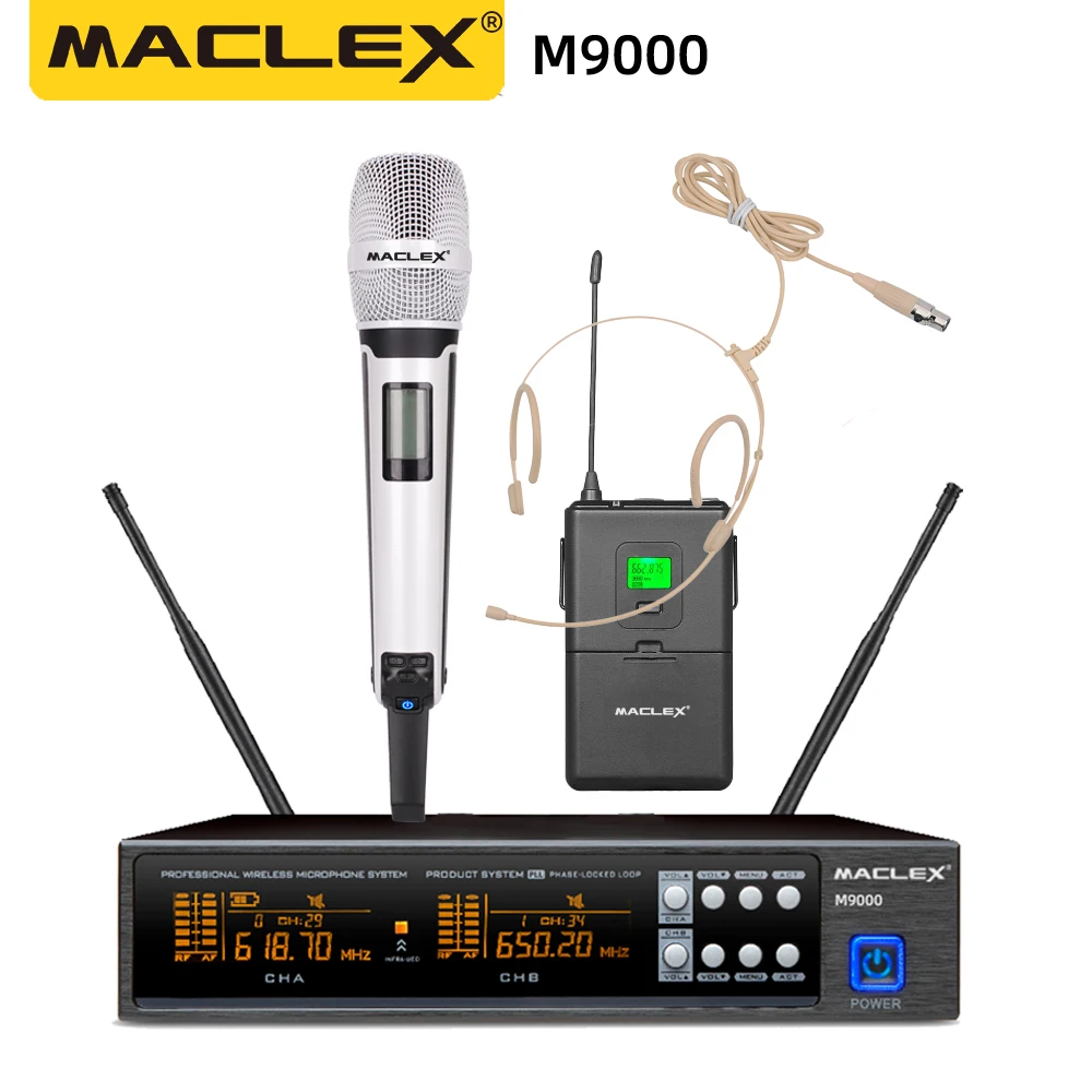 MACLEX EW9000 Dual UHF Wireless Microphone with Handheld bodypack Lapel Headset Headworn Mic for Karaoke System Speech Party