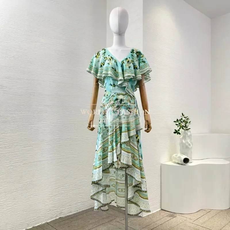 

High Quality Silk Green Floral Print Short Sleeve Irregular Hem Midi Wrap Dress