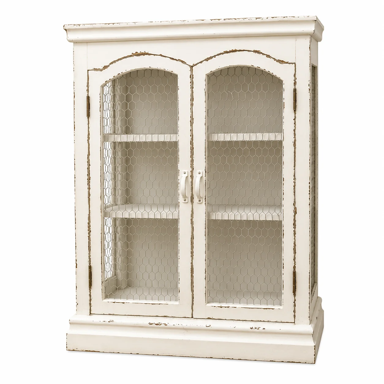 Vintage Wall Cabinet, White Distressed Wood, Chicken Wire Mesh Doors, French Country Style, Decorative Wall Storage Display
