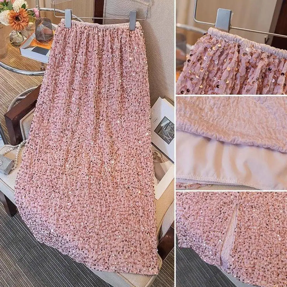 Sequin Embellished Skirt Elegant Velvet Midi Skirt with Sequin Detailing High Waist Fit for Parties Events Retro Style Straight