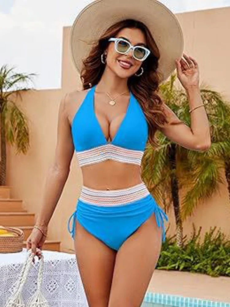 Bikini Women Swimsuit 2025 New Solid Bikinis Set Sexy High Waist V Neck Swimwear Summer Two Piece Set Beach Bathing Suit Female