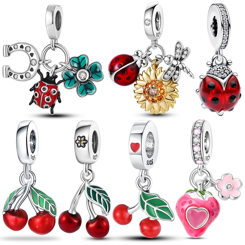 Charms plata de ley Ladybugs and Cherry Strawberries Pendant Bead Fits 3mm Bracelet Bangle Necklace For Women Luxury DIY Jewelry