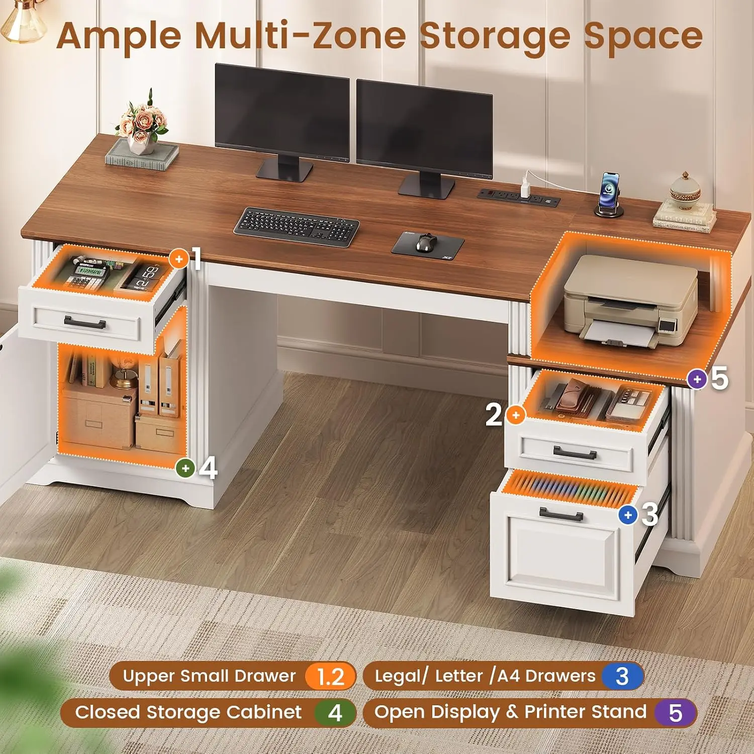 Farmhouse Executive Desk 62in File Drawers Storage Cabinet Power Outlet Home Office Work Study White Walnut, Customized