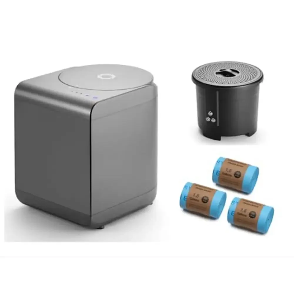Paquete de compositor de cocina eléctrico gris con cubo de repuesto, paquete de 3 bolsas de basura compostables, kit de conversión de residuos de alimentos en polvo