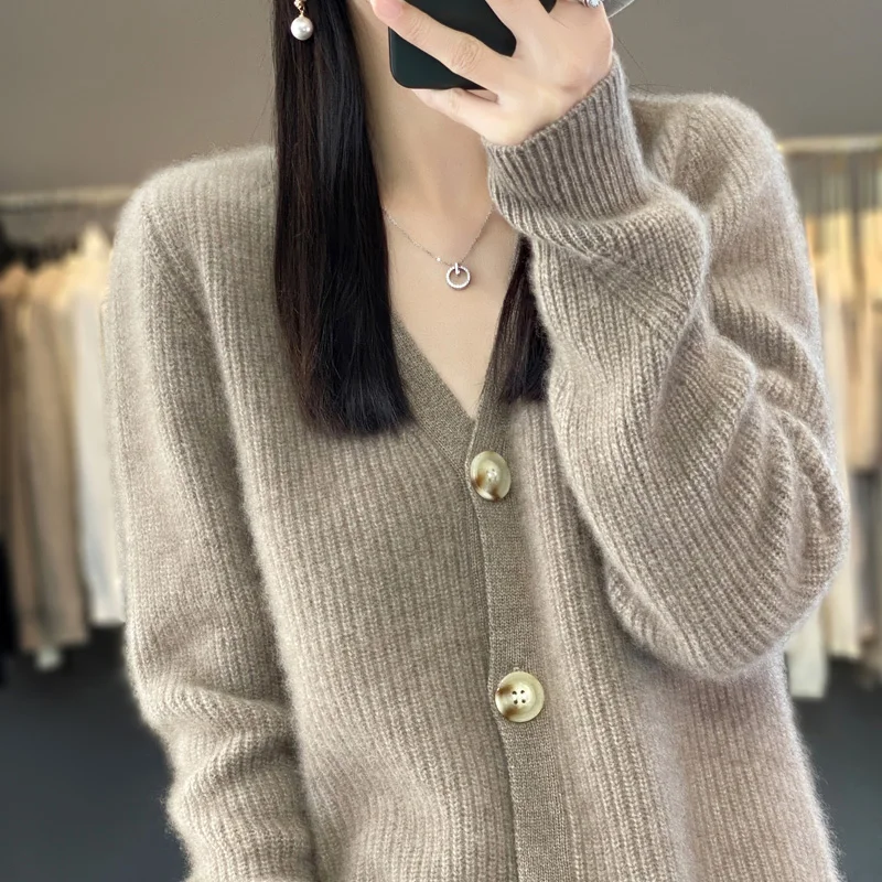 

Базовый модный женский кардиган из 100% мериносовой шерсти с v-образным вырезом, кашемировое мягкое пальто с длинными рукавами, модная удобная теплая одежда, топ