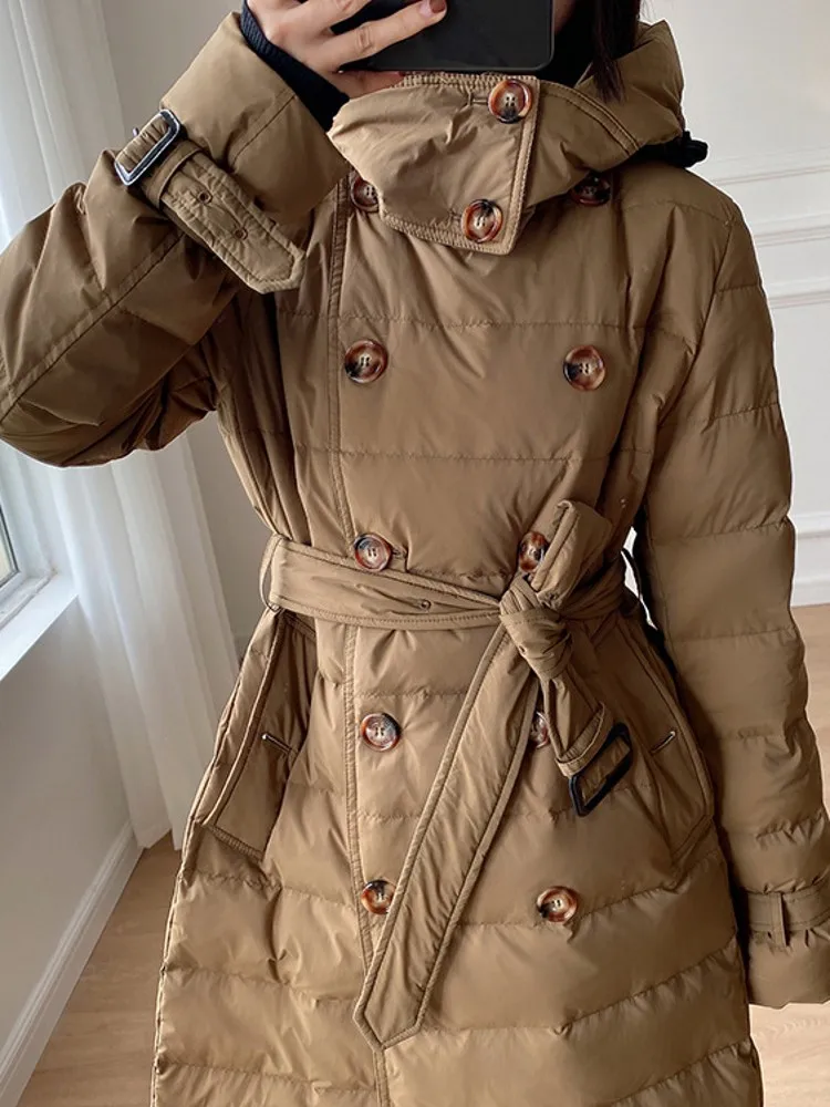 Women Winter Windbreaker Long Down Jacket Double Breasted Belted Hooded Overcoat Vintage Office Ladies Thick Warm 90% Down Coats