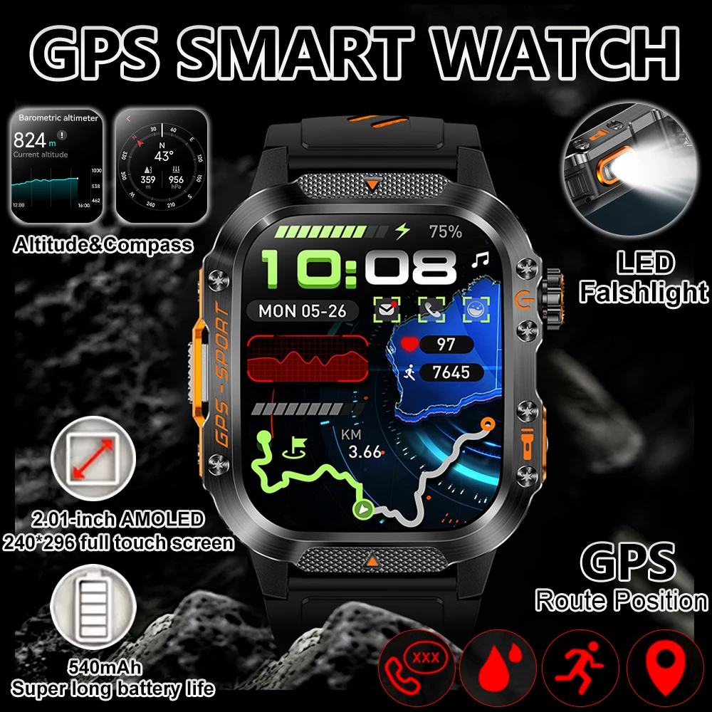 

GPS уличные спортивные умные часы для мужчин 2,01 AMOLED экран светодиодный фонарик 540 мАч аккумулятор IP68 водонепроницаемые Bluetooth умные часы с вызовом