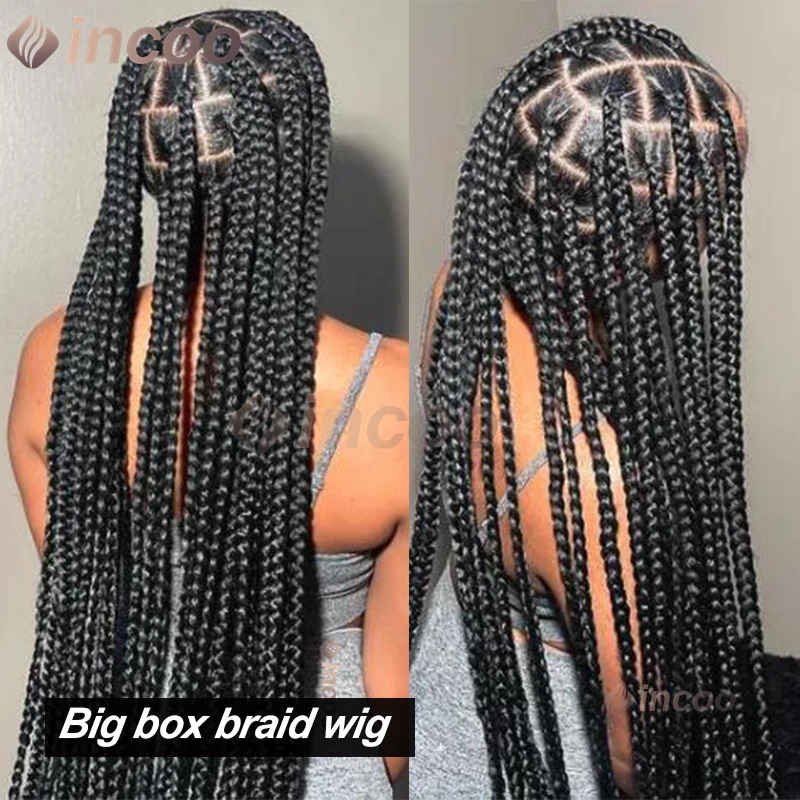 36 Inch Synthetic Larger Box Braided Wigs Afro Knotless 360 HD Full Lace Frontal Braid Wigs Black Women Prepluck Baby Hair Incoo