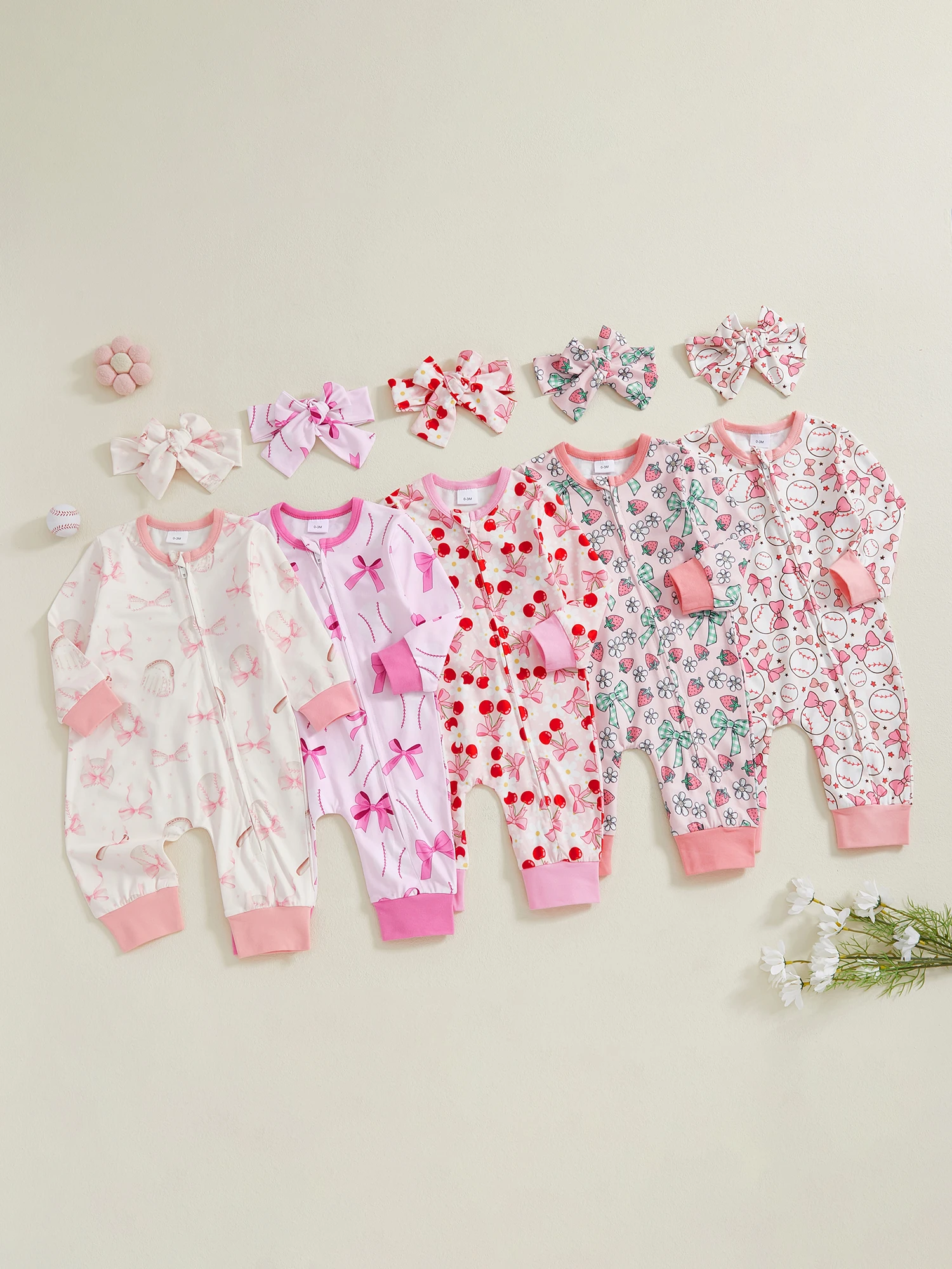 Baby Girl Spring Jumpsuit Baseball/Cherry Bow Print Zip-up Round Neck Long Sleeve Romper Headband